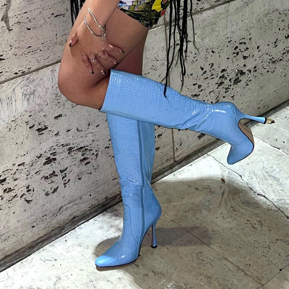 croc print blue knee high boots size 7 worn once!
